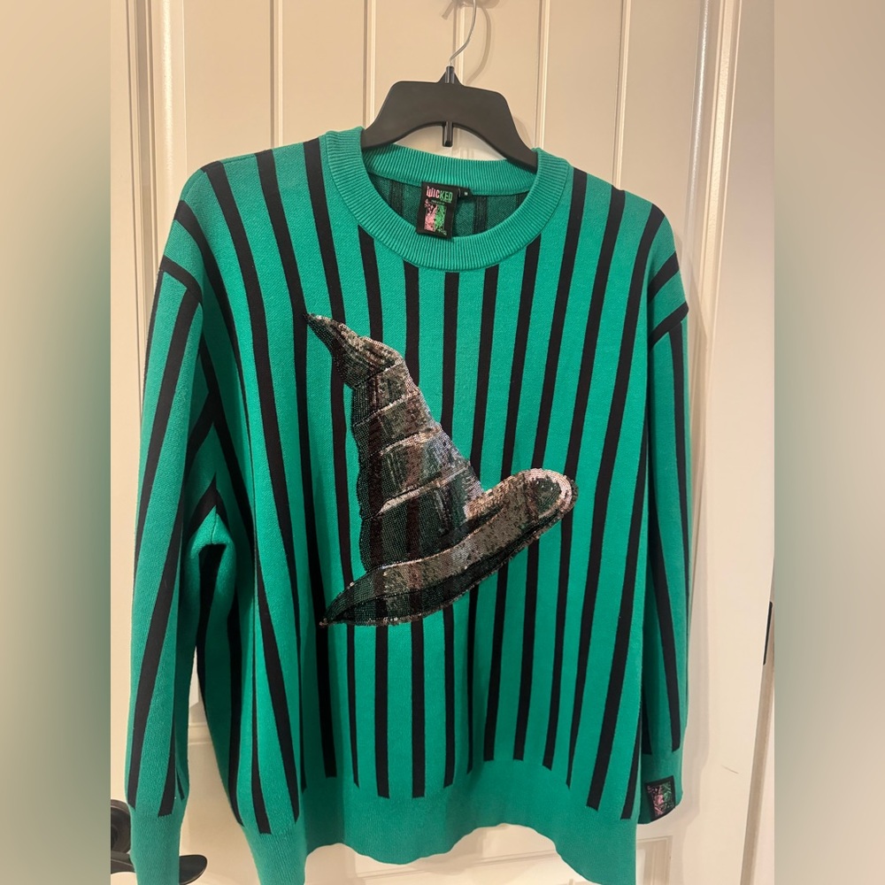 QUEEN OF SPARKLES Green and Black Striped Crewneck Sweater with Sequin Witch Hat